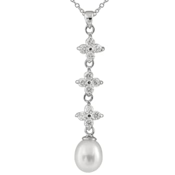 7-8mm Drop White Cultured Freshwater Pearl and CZ Rhodium Over Sterling
Silver Pendant