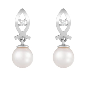White Cultured Akoya Pearl 14k White Gold Earrings 6-6.5mm