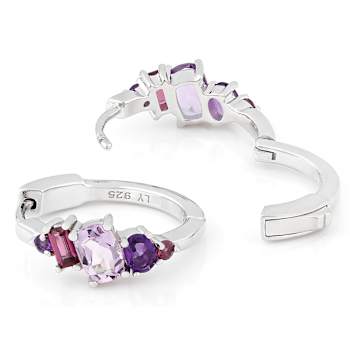 Multi-Stone Amethyst And Rhodolite Hoop Earrings In Sterling Silver