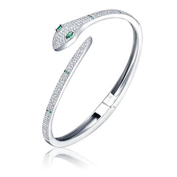 Emerald Color CZ Snake Bypass Cuff Bracelet In Rhodium Over Brass