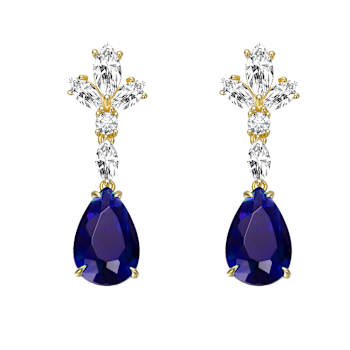 Sapphire Color CZ Cluster Drop Earrings In 14K Gold Over Sterling Silver