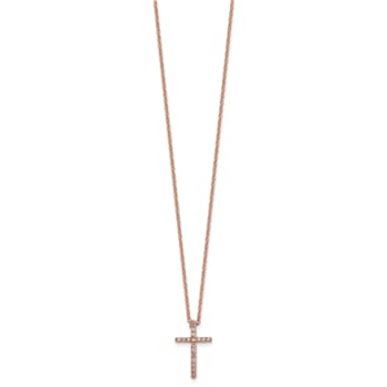 14K Rose Gold Over Sterling Silver Polished Cubic Zirconia Latin Cross Necklace