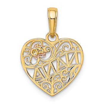 14K Two-tone Gold  Polished Nana with Flower on Heart Pendant