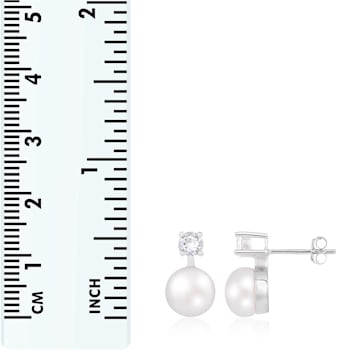7½-8mm White Cultured Freshwater Pearl and Cubic Zirconia Rhodium Over
Sterling Silver Earrings