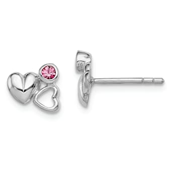 Rhodium Over Sterling Silver Child's Pink Preciosa Crystal Heart Post Earrings