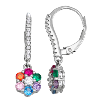 Multi-gem Simulants Rhodium Over Sterling Silver Children's Flower
Earrings 1.64ctw
