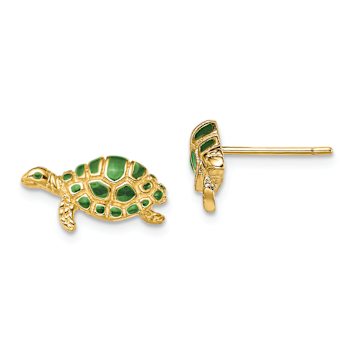 14K Yellow Gold Textured Green Enamel Turtle Stud Earrings