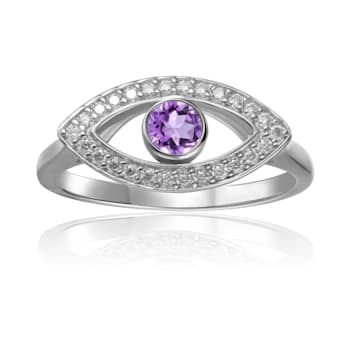 Amethyst with Moissanite Accents Rhodium Over Sterling Silver Evil Eye
Halo Ring