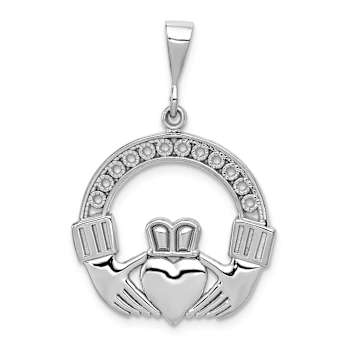Rhodium Over 14k White Gold Textured Claddagh Pendant
