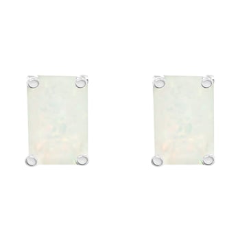 6x4mm Emerald Cut Opal 14k White Gold Stud Earrings