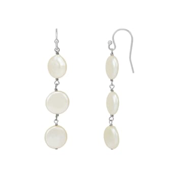 9-11mm Coin Shape White Freshwater Pearl Sterling Silver Dangle Earrings