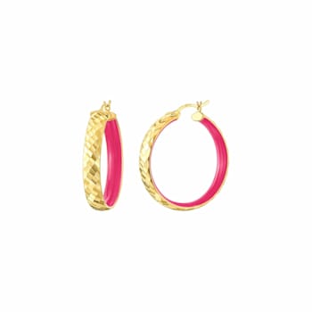 14K Yellow Gold Over Sterling Silver Enamel Hammered Hoop Earrings in Pink