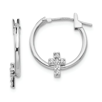 Rhodium Over 14K White Gold 11/16" Cubic Zirconia Cross Hoop Earrings