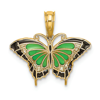 14k Yellow Gold Small Green Enameled Butterfly Pendant
