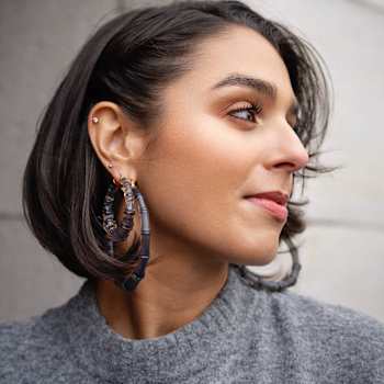 14K Yellow Gold Over Sterling Silver Bamboo Acrylic Hoops in Blackberry