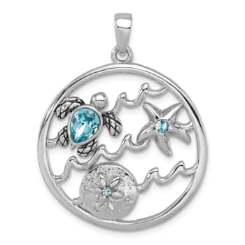 Rhodium Over Sterling Silver Antiqued Round Crystal Sealife Pendant