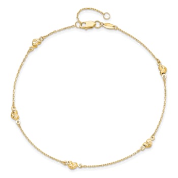 14K Yellow Gold Polished and Diamond-cut Heart with 1-inch Extension Anklet