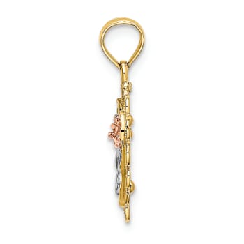 14k Tri-color Gold Textured Heart with Rose and Lace Trim Charm