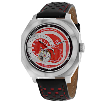 Christian Van Sant Men's Machina Red Dial, Red and Black Leather Strap Watch