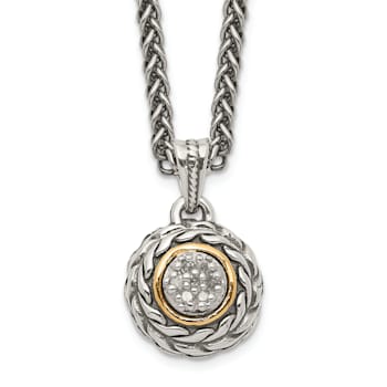 Sterling Silver Antiqued with 14K Accent Diamond Round Pendant Necklace