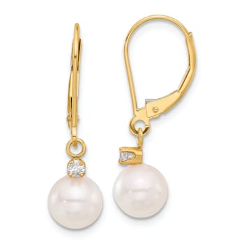 14K Yellow Gold 7-8mm Round White Akoya Cultured Pearl 0.10 cttw Diamond
Dangle Leverback Earrings