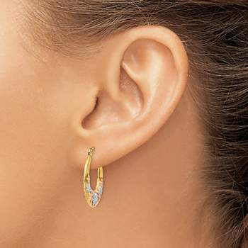 14k Yellow Gold and Rhodium Over 14k Yellow Gold 7/8" Flowers Hoop Earrings