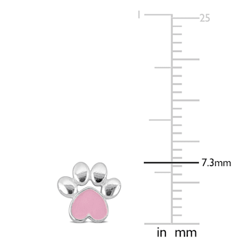 Children's Pink Enamel Paw Stud Earrings in Sterling Silver