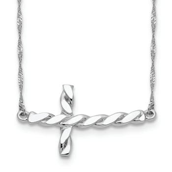 Rhodium Over 14K White Gold Polished Twisted Sideways Cross 17-inch Necklace