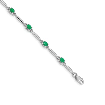 Rhodium Over 14k White Gold Diamond and Emerald Bracelet