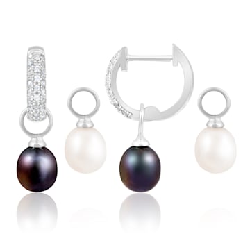 7-8mm White Black Cultured Freshwater Pearl and Cubic Zirconia Rhodium
Over Sterling Silver Earrings