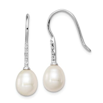 Rhodium Over Sterling Silver 7-8mm White Freshwater Cultured Pearl Cubic
Zirconia Dangle Earrings