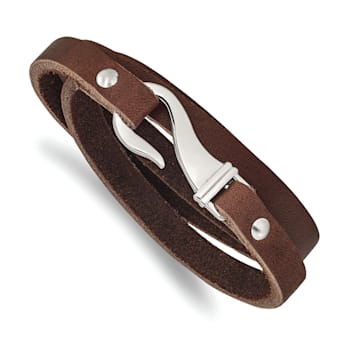 Brown Leather and Stainless Steel Wrap Bracelet