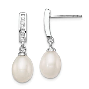 Rhodium Over Sterling Silver 8-9mm White FWC Pearl Cubic Zirconia Post
Dangle Earrings