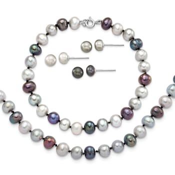 Rhodium Over Sterling Silver Multi-color Freshwater Pearl
Necklace/Bracelet/Earring Set
