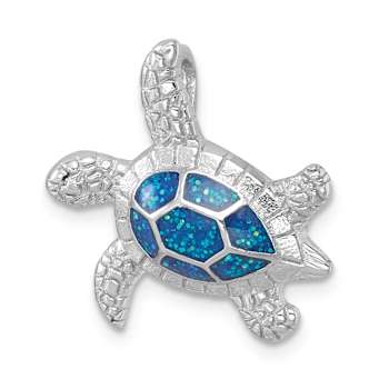 Rhodium Over Sterling Silver Enameled Swimming Turtle Chain Slide Pendant