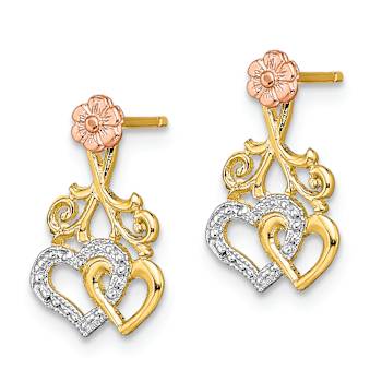 14k Tri-color Gold Textured Hearts and Flower Dangle Earrings
