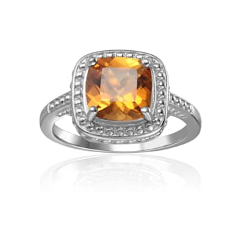 Square Cushion Citrine Sterling Silver Solitaire with Beaded Halo Ring, 1.95ct