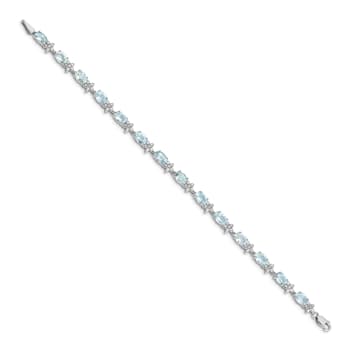 Rhodium Over 14k White Gold Floral Diamond and Aquamarine Bracelet