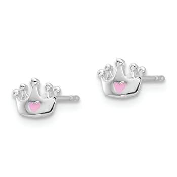 Rhodium Over Sterling Silver Pink Enamel Heart Crown Children's Post Earrings