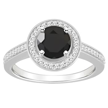 7mm Round Black Onyx 1/5 ctw Diamond Rhodium Over Sterling Silver Halo Ring