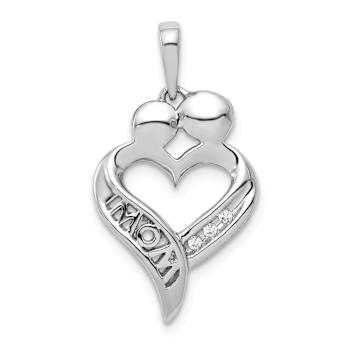 Rhodium Over 14k White Gold Diamond MOM Heart Pendant