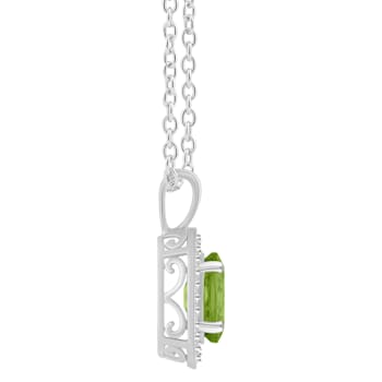 8x6mm Oval Peridot 1/8 ctw Diamond Rhodium Over Sterling Silver Halo
Pendant with Chain