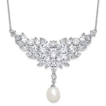 Rhodium Over Sterling Silver Fancy Freshwater Cultured Pearl and Cubic
Zirconia Necklace