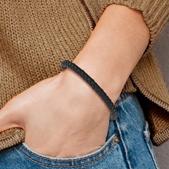 Black Leather and Stainless Steel Polished 8.5-inch Bracelet