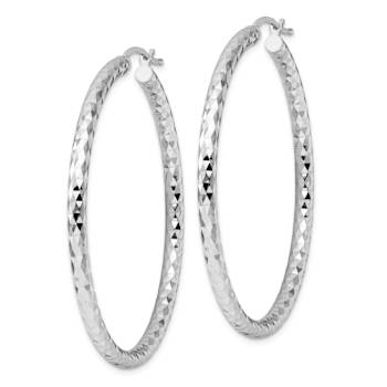Rhodium Over Sterling Silver 3.00mm Diamond-cut Hoop Earrings