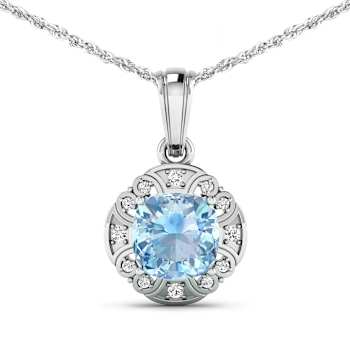 1.48ctw 14K White Gold Aquamarine and White Diamond Pendant with 18 inch
Cable Chain