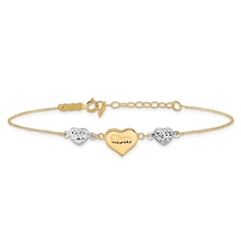 14k Two-tone Gold Puffed Mom Heart and Diamond-Cut Hearts Bracelet