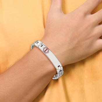 Stainless Steel Brushed and Polished Red Enamel 8-inch Medical ID Bracelet