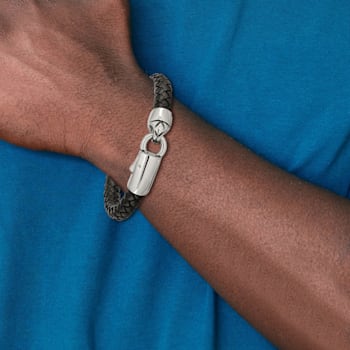 Black Leather and Stainless Steel Antiqued and Polished 8.25-inch Bracelet