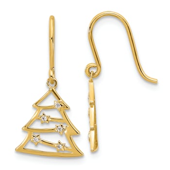 14K Yellow Gold Polished Cubic Zirconia Christmas Tree Shepherd Hook
Dangle Earrings